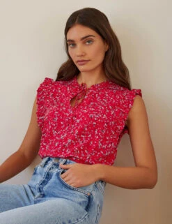 Floral Tie Neck Frill Detail Blouse