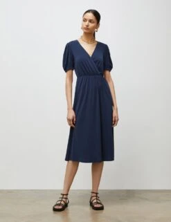 V-Neck Puff Sleeve Midi Waisted Dress