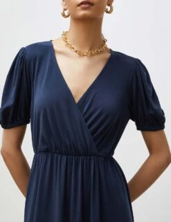 V-Neck Puff Sleeve Midi Waisted Dress -Marks and Spencer Shop SD 10 T83 5415W F0 X EC 3