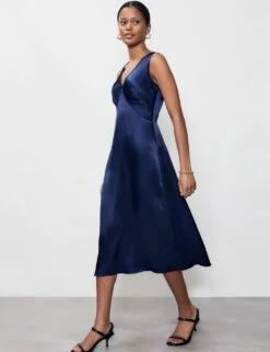 Satin V-Neck Midi Tea Dress