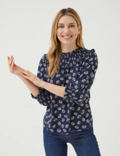 Pure Cotton Floral Crew Neck Shirred Blouse