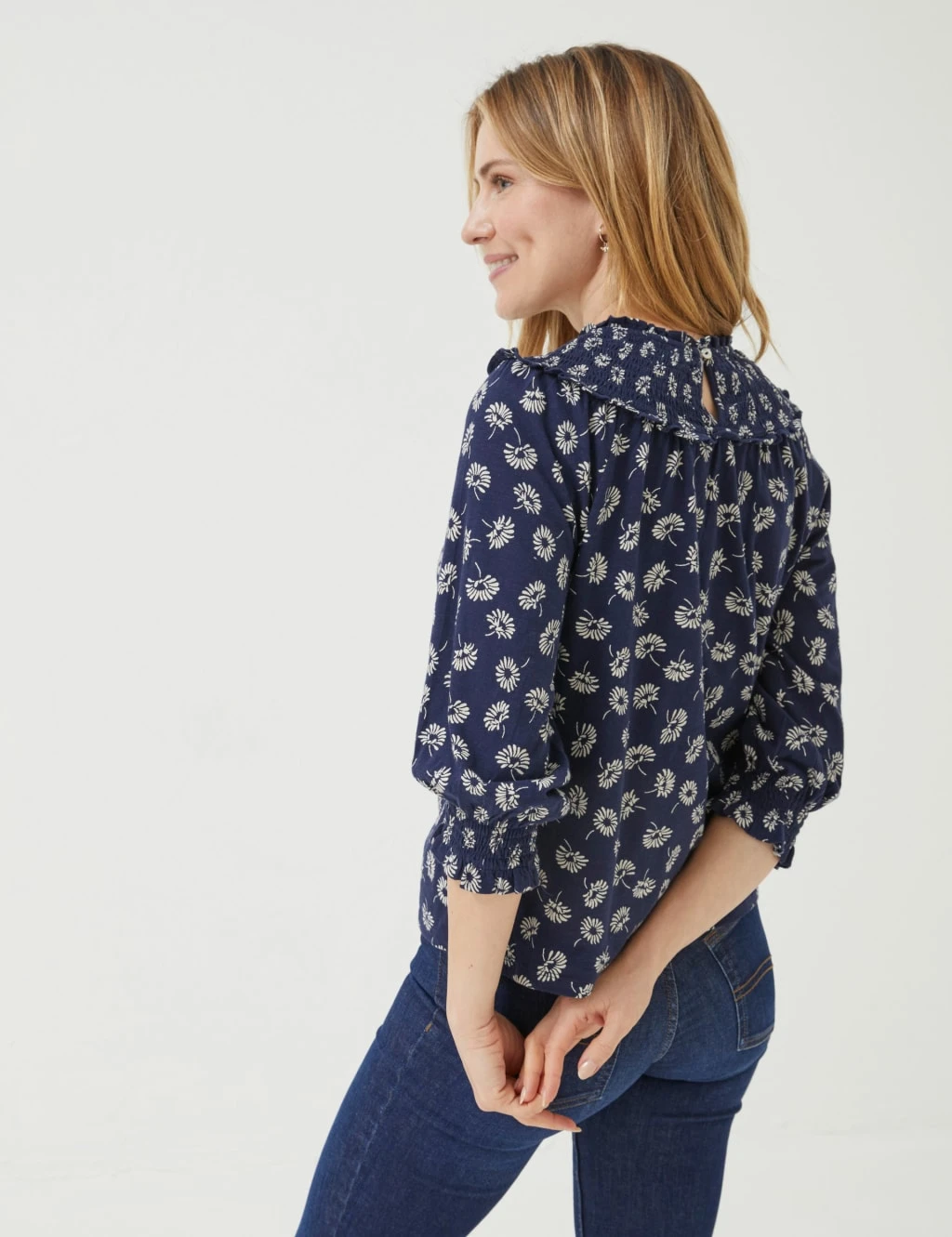 Pure Cotton Floral Crew Neck Shirred Blouse 5 Pure Cotton Floral Crew Neck Shirred Blouse - Image 3
