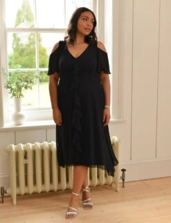 V-Neck Ruffle Knee Length Tea Dress