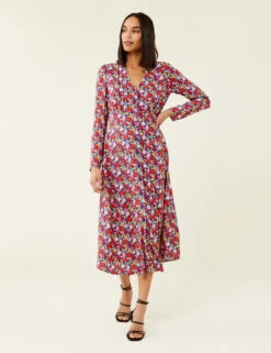 Floral V-Neck Button Front Midi Tea Dress