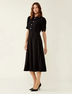 Collared Button Front Midi Waisted Dress