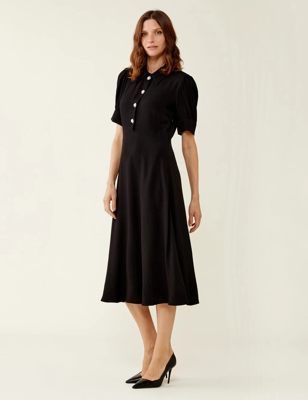 Collared Button Front Midi Waisted Dress 3 Collared Button Front Midi Waisted Dress
