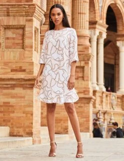 Printed Round Neck Frill Hem Shift Dress -Marks and Spencer Shop SD 10 T83 6724W A4 X EC 3