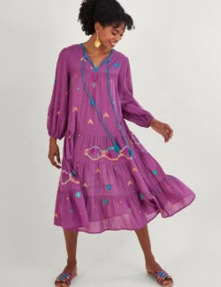MONSOON Pure Cotton Embroidered Tie Neck Midi Dress