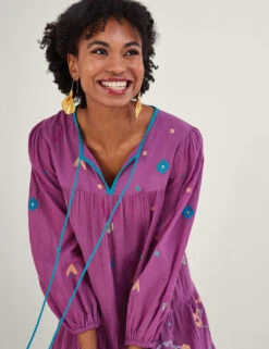 MONSOON Pure Cotton Embroidered Tie Neck Midi Dress -Marks and Spencer Shop SD 10 T83 7090W D4 X EC 1