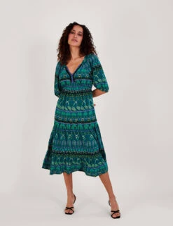 MONSOON Cotton Rich Leaf Print V-Neck Midi Dress
