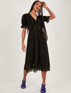MONSOON Pure Cotton V-Neck Embroidered Midi Dress