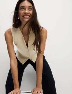 Textured Crew Neck Button Through Waistcoat -Marks and Spencer Shop Textured Crew Neck Button Through Waistcoat 3