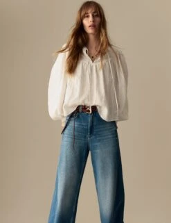 Textured Tie Neck Blouson Sleeve Blouse