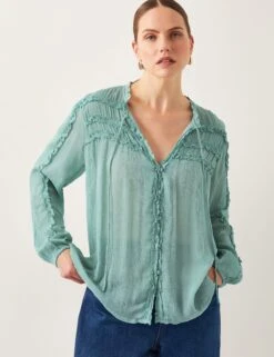 MONSOON Tie Neck Button Through Ruffle Blouse