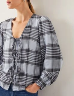 MONSOON Checked V-Neck Tie Front Puff Sleeve Blouse -Marks and Spencer Shop checked v neck tie front puff sleeve blouse 6