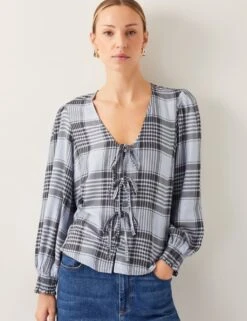MONSOON Checked V-Neck Tie Front Puff Sleeve Blouse -Marks and Spencer Shop checked v neck tie front puff sleeve blouse 7