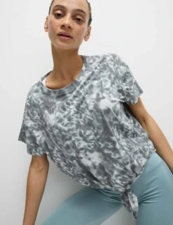 Cotton Blend Printed Tie Front Crop T-Shirt -Marks and Spencer Shop cotton blend printed tie front crop t shirt 10