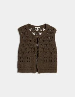Cotton Rich Knitted Tie Front Tabard -Marks and Spencer Shop cotton rich knitted fringed tie front waistcoat 3