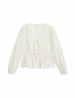 Cotton Rich Tie Front Blouse -Marks and Spencer Shop cotton rich tie front blouse