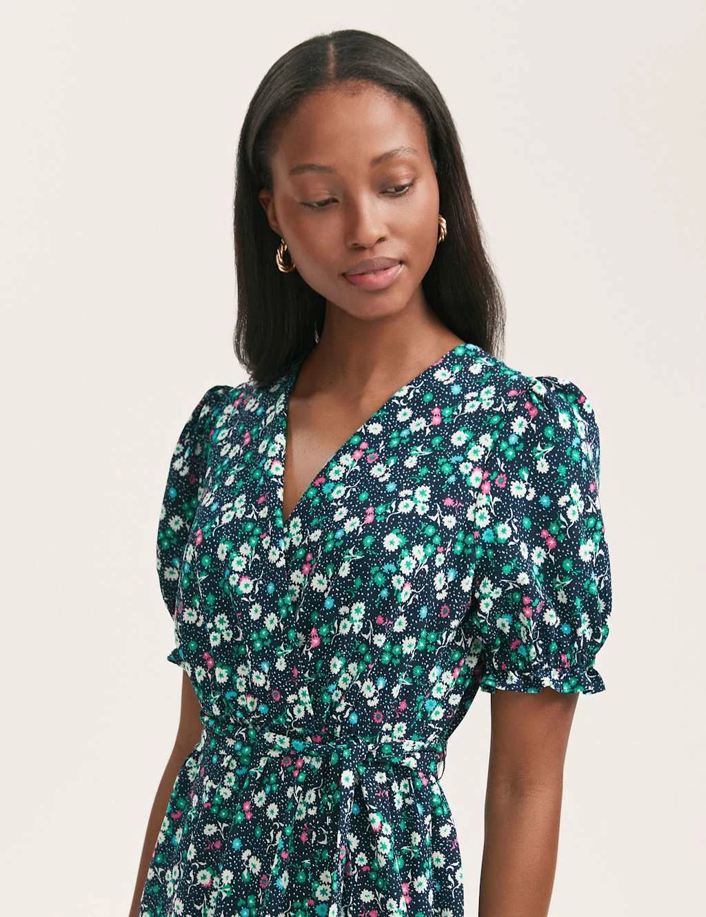 Crepe Floral V-Neck Belted Midi Tea Dress 8 Crepe Floral V-Neck Belted Midi Tea Dress - Image 6