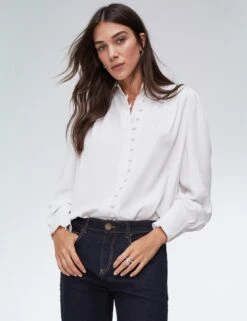 Crew Neck Button Through Puff Sleeve Blouse -Marks and Spencer Shop crew neck button through puff sleeve blouse 9