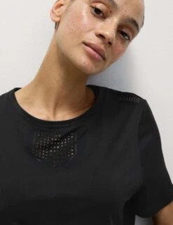 Crew Neck Laser Cut Relaxed T-Shirt -Marks and Spencer Shop crew neck relaxed t shirt