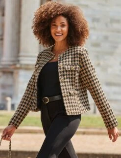 Dogtooth Print Boucle Collarless Jacket -Marks and Spencer Shop dogtooth boucl collarless short jacket 1
