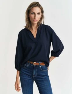 Gant Linen Blend Notch Neck Stand Collar Blouse -Marks and Spencer Shop linen blend notch neck stand collar blouse 4