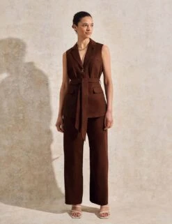 Linen Rich V-Neck Tie Front Waistcoat -Marks and Spencer Shop linen rich v neck tie front waistcoat 4