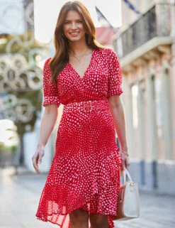 Polka Dot V-Neck Puff Sleeve Wrap Dress -Marks and Spencer Shop polka dot v neck puff sleeve wrap dress 9