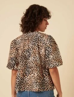 Pure Cotton Animal Print Collarless Tie Front Puff Sleeve Blouse -Marks and Spencer Shop pure cotton animal print collarless tie front puff sleeve blouse 7