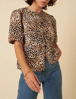Pure Cotton Animal Print Collarless Tie Front Puff Sleeve Blouse -Marks and Spencer Shop pure cotton animal print collarless tie front puff sleeve blouse 8