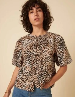 Pure Cotton Animal Print Collarless Tie Front Puff Sleeve Blouse -Marks and Spencer Shop pure cotton animal print collarless tie front puff sleeve blouse 9