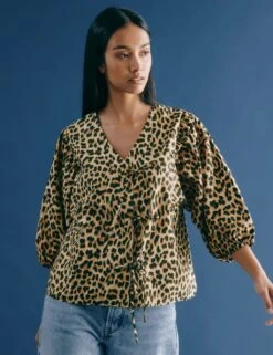 Pure Cotton Animal Print V-Neck Blouse -Marks and Spencer Shop pure cotton animal print v neck blouse 5