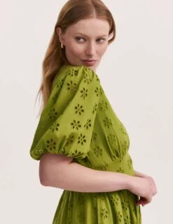 Pure Cotton Broderie V-Neck Midi Dress -Marks and Spencer Shop pure cotton broderie v neck midi dress 16