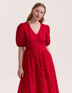 Pure Cotton Broderie V-Neck Midi Dress -Marks and Spencer Shop pure cotton broderie v neck midi dress 4