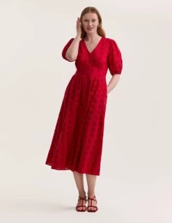 Pure Cotton Broderie V-Neck Midi Dress -Marks and Spencer Shop pure cotton broderie v neck midi dress 7