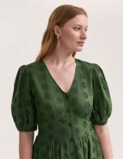 Pure Cotton Broderie V-Neck Midi Dress -Marks and Spencer Shop pure cotton broderie v neck midi dress 8