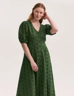 Pure Cotton Broderie V-Neck Midi Dress -Marks and Spencer Shop pure cotton broderie v neck midi dress 9