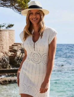 Pure Cotton Crochet V-Neck Mini Shift Dress -Marks and Spencer Shop pure cotton crochet v neck mini shift dress 8