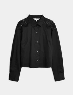 Pure Cotton Cutwork Detail Cropped Shirt -Marks and Spencer Shop pure cotton cutwork detail cropped shirt 11
