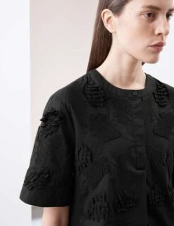 Pure Cotton Embroidered Round Neck Short Sleeve Blouse -Marks and Spencer Shop pure cotton embroidered round neck puff sleeve blouse 1