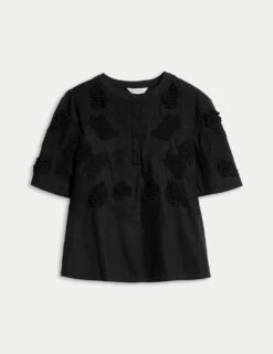 Pure Cotton Embroidered Round Neck Short Sleeve Blouse -Marks and Spencer Shop pure cotton embroidered round neck puff sleeve blouse 5