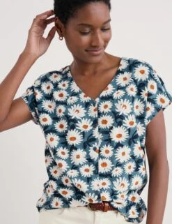 Pure Cotton Floral V-Neck Top -Marks and Spencer Shop pure cotton floral v neck top 6