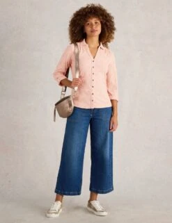 WHITE STUFF Pure Cotton Jersey Broderie V-Neck Shirt -Marks and Spencer Shop pure cotton jersey broderie v neck shirt 10