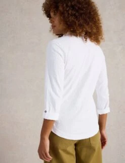 WHITE STUFF Pure Cotton Jersey Broderie V-Neck Shirt -Marks and Spencer Shop pure cotton jersey broderie v neck shirt 14