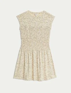 Pure Cotton Printed Mini Shirred Dress -Marks and Spencer Shop pure cotton printed mini shirred dress 10