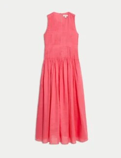 Pure Ramie Round Neck Pintuck Midi Shirred Dress -Marks and Spencer Shop pure ramie round neck pintuck midi shirred dress 11