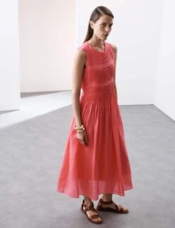 Pure Ramie Round Neck Pintuck Midi Shirred Dress -Marks and Spencer Shop pure ramie round neck pintuck midi shirred dress 9