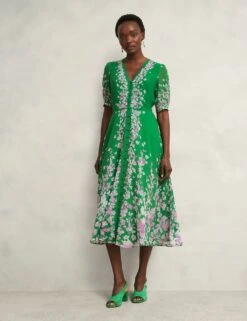 Pure Silk Floral V-Neck Midi Skater Dress -Marks and Spencer Shop pure silk floral v neck midi skater dress 16